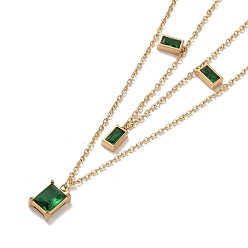 Golden Green Glass Rectangle Charms Double Layer Necklace, Ion Plating(IP) 304 Stainless Steel Jewelry for Women, Golden, 15.16 inch(38.5cm)