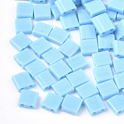 Light Sky Blue 2-Hole Opaque Glass Seed Beads, Rectangle, Light Sky Blue, 5x4.5~5.5x2~2.5mm, Hole: 0.5~0.8mm