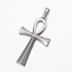 Stainless Steel Color 304 Stainless Steel Pendants, with 201 Stainless Steel Snap on Bails, Ankh Cross, Stainless Steel Color, 44.5x25.5x3mm, Hole: 8x4mm