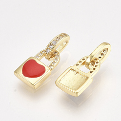 Mixed Color Brass Micro Pave Cubic Zirconia Charms, with Enamel, Padlock with Heart, Golden, Mixed Color, 12.5x7.5x2.5mm, Hole: 6x2.5mm