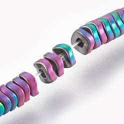 Multi-color Plated Electroplated Non-magnetic Synthetic Hematite Bead Strand, Twist Square, Frosted, Multi-color Plated, 3x1mm, Hole: 0.8mm, about 384pcs/strand, 15.7 inch(40cm)