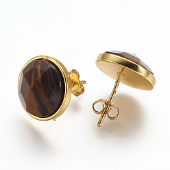 Tiger Eye Natural Tiger Eye Ear Studs, with Brass Findings, Golden, Flat Round, 15mm, Pin: 0.8mm