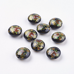 Черный Смоляные бусы с цветочным принтом, плоско-круглые, чёрные, 16.5x9 мм, отверстие : 2 мм