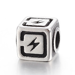Antique Silver 304 Stainless Steel Beads, Cube with Lightning Bolt, Antique Silver, 7x6x6mm, Hole: 3mm