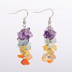Mixed Stone Natural Gemstone Cluster Earrings, with Brass Earring Hooks, Colorful, 56mm, Pin: 0.7mm