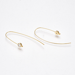 Real 18K Gold Plated Brass Cubic Zirconia Earring Hooks, Ear Wire, with Horizontal Loop, Clear, Nickel Free, Real 18K Gold Plated, 49x5mm, Hole: 1.2mm, 21 Gauge, Pin: 0.7mm