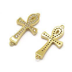 Real 18K Gold Plated Brass Micro Pave Grade AAA Cubic Zirconia Links, Cadmium Free & Nickel Free & Lead Free, Ankh Cross, Real 18K Gold Plated, 24.5x13x3mm, Hole: 1mm
