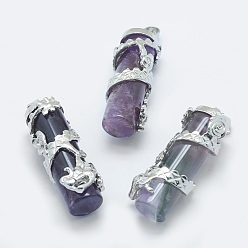 Amethyst Natural Amethyst Pendants, with Brass Findings, Column with Dragon, Platinum, 40.5~41.5x14x15mm, Hole: 3.5x5mm