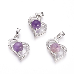 Amethyst Natural Amethyst Pendants, with Platinum Tone Brass Findings and Crystal Rhinestone, Heart, 29x21.5x9mm, Hole: 7x3.5mm