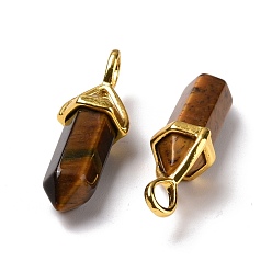 Tiger Eye Natural Tiger Eye Pendants, Faceted, with Golden Tone Brass Findings, Lead free & Cadmium Free, Bullet, 27~30x9~10x7~8mm, Hole: 4x3mm