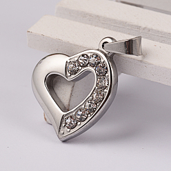 Stainless Steel Color Heart 304 Stainless Steel Rhinestone Pendants, Stainless Steel Color, 24x20x2mm, Hole: 7x4mm