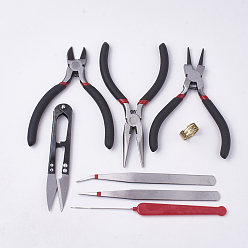 Black 8Pcs DIY Jewelry Tool Sets, with Pliers, Scissor, Tweezers and Crochet Hook Needles, Black, 16x11.5x3cm, 8pcs/set