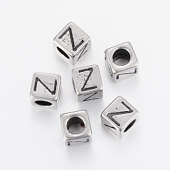 Antique Silver 304 Stainless Steel Large Hole Letter European Beads, Cube with Letter.Z, Antique Silver, 8x8x8mm, Hole: 5mm