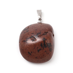 Obsidienne Acajou Acajou naturel pendentifs en obsidienne, avec les accessoires en laiton de tonalité de platine, nuggets, 23~30x13~22x12~20mm, Trou: 5x3mm