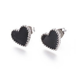 Stainless Steel Color 304 Stainless Steel Stud Earrings, with Enamel and Ear Nuts, Heart, Black, Stainless Steel Color, 9.5x10.5x1.5mm, Pin: 0.6mm, 6pairs/card