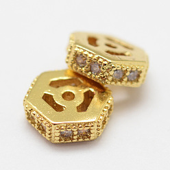 Golden Brass Micro Pave Cubic Zirconia Beads, Hexagon, Lead Free & Nickel Free, Golden, 6x5.5x2mm, Hole: 0.8mm