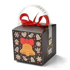 Christmas Bell Christmas Folding Gift Boxes, with Transparent Window and Ribbon, Gift Wrapping Bags, for Presents Candies Cookies, Christmas Bell Pattern, 9x9x15cm