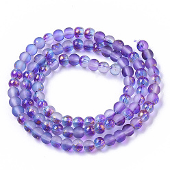 Violet Bleu Brins de perles de verre peintes à la bombe givrée, avec une feuille d'or, ronde, bleu violet, 4~5mm, Trou: 0.9~1.2mm, Environ 95~103 pcs/chapelet, 13.78 pouces ~ 14.88 pouces (35~37.8 cm)