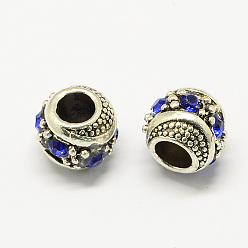 Sapphire Alloy Rhinestone European Beads, Rondelle Large Hole Beads, Antique Silver, Sapphire, 11x10mm, Hole: 5mm