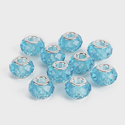 Deep Sky Blue Faceted Glass European Beads, Large Hole Beads, with Silver Tone Brass Core, Rondelle, Deep Sky Blue, 13.5~14x8.5~9mm, Hole: 5mm