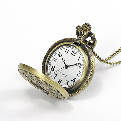 Antique Bronze Filigree Flat Round Alloy Quartz Pocket Watches, with Iron Chains and Lobster Claw Clasps, Antique Bronze, 31.4 inch, Watch Head: 56x39x14mm, Watch Face: 28mm