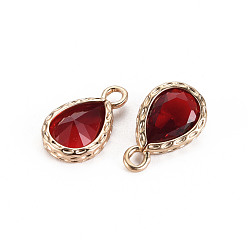 Red Glass Pendants, with Brass Findings, Faceted, Teardrop, Light Gold, Red, 15x9x4.5mm, Hole: 1.8~2mm