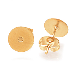 Golden 304 Stainless Steel Stud Earring Findings, with Ear Nuts/Earring Backs, Flat Round, Golden, 8mm, Pin: 0.7mm