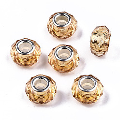 Verge D'or Résine transparente perles européennes, cristal d'imitation, Perles avec un grand trou   , laiton avec ton argent noyaux doubles, facette, rondelle, verge d'or, 14x9.5mm, Trou: 5mm