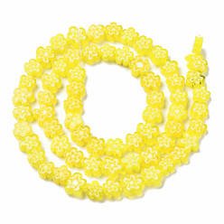 Jaune Main millefiori perles de verre brins, fleur, jaune, 5.5~8x2.5mm, Trou: 1mm, Environ 64~67 pcs/chapelet, 15.75 pouces ~ 16.34 pouces (40~41.5 cm)