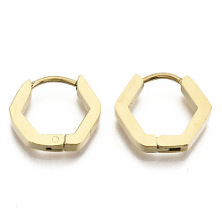 Real 18K Gold Plated 304 Stainless Steel Huggie Hoop Earrings, Hexagon, Real 18K Gold Plated, 13.5x15x2.5mm, Pin: 0.8mm