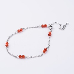 Mixed Stone 304 Stainless Steel Chain Anklets, with Mixed Stone Beads, 9-1/4 inch(235mm)