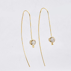 Real 18K Gold Plated Brass Cubic Zirconia Earring Hooks, Ear Wire, with Horizontal Loop, Clear, Nickel Free, Real 18K Gold Plated, 49x5mm, Hole: 1.2mm, 21 Gauge, Pin: 0.7mm