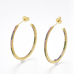 Golden Brass Cubic Zirconia Stud Earrings, Half Hoop Earrings, with Ear Nuts, Ring, Golden, 30x30mm, Pin: 0.7mm