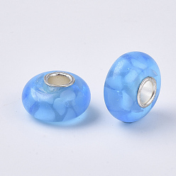 Deep Sky Blue Handmade Lampwork European Beads, Inner Flower, Large Hole Beads, with Silver Color Plated Brass Single Cores, Rondelle, Deep Sky Blue, 14x7.5mm, Hole: 4mm