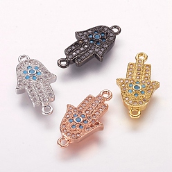 Mixed Color Brass Micro Pave Cubic Zirconia Links, Hamsa Hand/Hand of Fatima/Hand of Miriam, Mixed Color, 18x10x3mm, Hole: 1mm