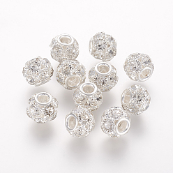 Crystal Brass Beads, with Grade A Rhinestone, Rondelle, Silver Color Plated, Crystal, 12x10mm, Hole: 4mm