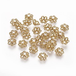 Real 18K Gold Plated Alloy Fancy Bead Caps, Long-Lasting Plated, Flower, Real 18K Gold Plated, 6.5x2.7mm, Hole: 1.4mm