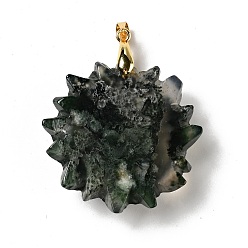 Moss Agate Natural Moss Agate Pendants, with Golden Tone Brass Findings, Lead Free & Cadmium Free, Sun with Smiling Face, 42x34~35x10.5mm, Hole: 3.8x5mm