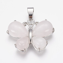 Rose Quartz Natural Rose Quartz Pendants, Butterfly, with Brass Finding, Platinum, 24x30x7.5mm, Hole: 4x7.5mm