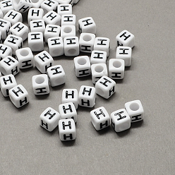 Letter H Large Hole Acrylic Letter European Beads, Horizontal Hole, White & Black, Cube with Letter.H, 6x6x6mm, Hole: 4mm, about 2950pcs/500g