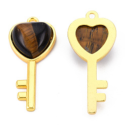 Œil De Tigre Pendentifs pierres fines oeil de tigre naturelles, avec accessoires en laiton plaqués or clair, clé avec breloque coeur, 38x17x6.5~7mm, Trou: 1.8mm