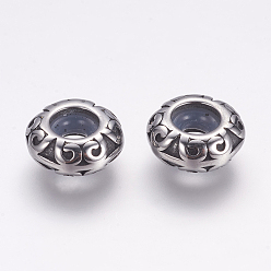Antique Silver 304 Stainless Steel Beads, Rondelle, with Rubber Inside, Slider Beads, Stopper Beads, Antique Silver, 11x4.5mm, Hole: 5mm, Rubber Hole: 3mm