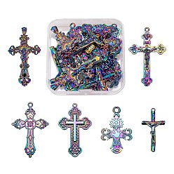 Rainbow Color 12Pcs 6 Style Rainbow Color Alloy Pendants, Cadmium Free & Nickel Free & Lead Free, Cross with Jesus, Cross with Bird, Cross, 44~58.5x23~36x1.5~6mm, Hole: 2~5mm, 2pcs/style