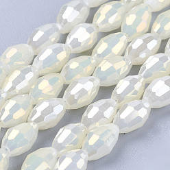 Light Goldenrod Yellow Electroplate Glass Beads Strands, Full Pearl Luster Plated, Faceted, Oval, Light Goldenrod Yellow, 6x4mm, Hole: 1mm, about 72pcs/strand, 16 inch