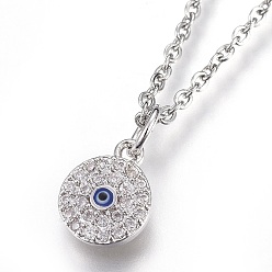 Stainless Steel Color 304 Stainless Steel Pendant Necklaces, with Cubic Zirconia, Flat Round with Eye, Clear, Stainless Steel Color, 17.6 inch(45cm), Pendant: 10x8x1.5mm