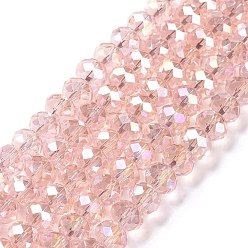 Pink Electroplate Glass Beads Strands, AB Color Plated, Faceted, Rondelle, Pink, 8x5~6.5mm, Hole: 1mm, about 72pcs/strand, 16.5 inch