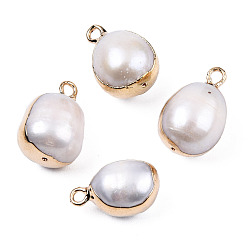 Light Gold Electroplate Natural Baroque Pearl Keshi Pearl Pendants, Cultured Freshwater Pearl, with Iron Findings, Oval Charm, Light Gold, 13~17x9~11.5x9~11mm, Hole: 1.8mm & 0.7mm