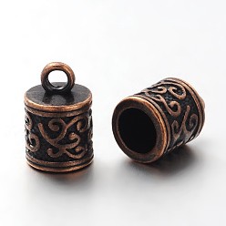 Red Copper Tibetan Style Cord Ends, Column, Lead Free and Cadmium Free, Red Copper, 13x8.5x8.5mm, Hole: 2mm