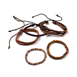 Dark Orange Multi-strand Bracelets, Stackable Bracelets, with Imitation Leather, Waxed Cotton Cord, Wooden Bead, Hemp Rope and Coconut Shell, Dark Orange, 60mm(2-3/8 inch), 5strands/set