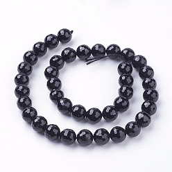 Black Natural Black Onyx Beads Strands, Dyed, Faceted Round, Black, 10mm, Hole: 1mm